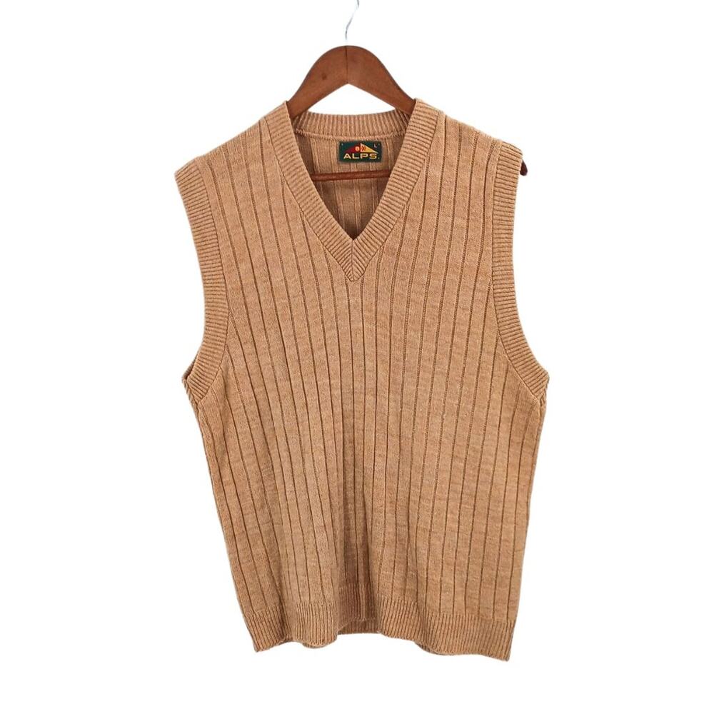 Vintage Alps Tan Striped V-Neck Grandpa Sweater Vest Sz Large Mens